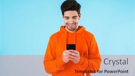  Presentation with man holding phone - Slide set enhanced with portrait-of-a-cheerful-young background and a red colored foreground