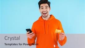  Presentation with man holding phone - Amazing presentation design having portrait-of-a-cheerful-young backdrop and a red colored foreground