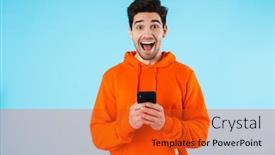  Presentation with man holding phone - Presentation design with portrait-of-a-cheerful-young background and a  colored foreground