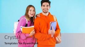  Presentation with backpacks - PPT layouts featuring portrait-of-a-cheerful-young background and a red colored foreground