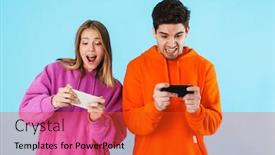  Presentation with mobile games - Presentation theme having portrait-of-a-cheerful-young background and a red colored foreground