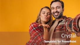  Presentation with couple kiss - Cool new slide set with portrait-of-a-cheerful-young backdrop and a tawny brown colored foreground