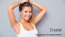  Presentation with holding hands old young - Beautiful slides featuring portrait of a cheerful young woman holding her ponytail over gray background backdrop and a light gray colored foreground