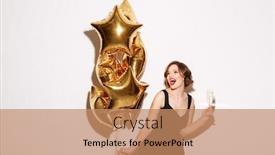  Presentation with black girl - Colorful PPT theme enhanced with portrait of a cheery girl dressed in black dress holding air balloons while dancing and drinking glass of champagne isolated over white background backdrop and a coral colored foreground