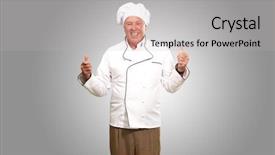  Presentation with cook chef - Audience pleasing presentation theme consisting of portrait of a chef cook with hand sign on grey background backdrop and a light gray colored foreground