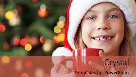  Presentation with child tree - Presentation design having portrait of a child drinking hot tea over christmas tree lights background and a red colored foreground