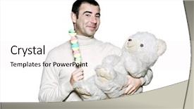  Presentation with teddy bear - Cool new slide deck with portrait of a childish mature man with a toy and teddy bear in studio on white isolated background backdrop and a white colored foreground