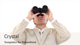  Presentation with upwards - Presentation having portrait of a confident businessman looking upwards through binoculars background and a lemonade colored foreground