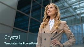  Presentation with front office - Cool new PPT theme with portrait-of-a-confident-businesswoman backdrop and a ocean colored foreground