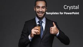 Presentation with takeaway coffee - Colorful presentation design enhanced with portrait of a confident handsome businessman wearing a suit standing isolated over black background holding takeaway coffee cup backdrop and a dark gray colored foreground
