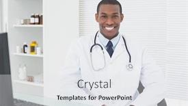  Presentation with medical smiling doctor - Cool new PPT layouts with portrait of a confident smiling male doctor sitting with computer at medical office backdrop and a white colored foreground