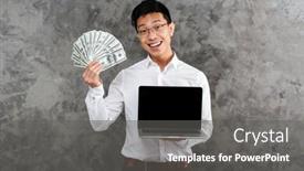  Presentation with laptop blank screen - PPT layouts featuring portrait of a confident young asian man dressed in shirt showing blank screen laptop computer while holding bunch of money banknotes over gray background background and a gray colored foreground