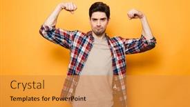  Presentation with flexing - Slide deck enhanced with portrait of a confident young man flexing muscles isolated over yellow background background and a gold colored foreground