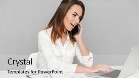  Presentation with woman office desk - Amazing PPT theme having portrait of a confident young backdrop and a light gray colored foreground