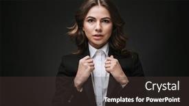 Presentation with formal - Beautiful slide deck featuring portrait of a confident young businesswoman wearing formal suit standing isolated over black background backdrop and a tawny brown colored foreground