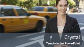  Presentation with portfolio - Cool new PPT layouts with portrait of a confident young businesswoman holding portfolio on street backdrop and a dark gray colored foreground