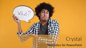  Presentation with bubble - Audience pleasing PPT layouts consisting of portrait of a confused doubtful african man holding what speech bubble and looking at camera isolated over orange background backdrop and a gold colored foreground