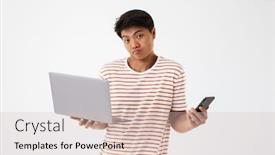  Presentation with man holding phone - Slide set enhanced with portrait of a confused young asian man shrugging shoulders while holding laptop computer and mobile phone isolated over white background and a lemonade colored foreground