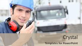  Presentation with safety construction worker in construction - Audience pleasing theme consisting of portrait of a construction worker backdrop and a mint green colored foreground