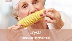  Presentation with corn cob - Audience pleasing slides consisting of portrait of a cook senior woman eating corn cob indoor backdrop and a coral colored foreground