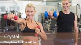  Presentation with gym - Cool new presentation theme with portrait of a couple exercising with dumbbells in the gym backdrop and a coral colored foreground