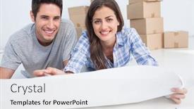 Presentation with floor plan - Beautiful slide set featuring portrait of a couple lying on the floor and holding a house plan in their new house backdrop and a white colored foreground