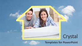  Presentation with floor plan - Colorful presentation theme enhanced with portrait of a couple lying on the floor and holding a house plan against cloudy sky backdrop and a light blue colored foreground