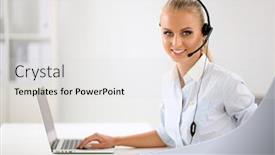  Presentation with customer service - Slide set enhanced with portrait of a customer service agent sitting at office background and a light gray colored foreground