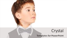  Presentation with space suit - Beautiful slide set featuring portrait of a cute 7 year old boy wearing suit and bow-tie education copy space isolated over white backdrop and a light gray colored foreground