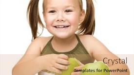  Presentation with green apples - Colorful presentation design enhanced with portrait of a cute cheerful little girl with two green apples isolated over white backdrop and a coral colored foreground