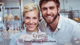  Presentation with cute bakery - Slide set having portrait of a cute couple on a date looking at the camera at the bakery background and a light blue colored foreground