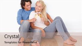  Presentation with toasting - Slide deck consisting of portrait of a cute couple toasting while sitting on the floor background and a coral colored foreground