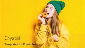  Presentation with kids fashion - Slide deck having portrait of a cute girl with bagels over the yellow background beauty fashion for kids and teenagers background and a gold colored foreground