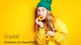  Presentation with kids fashion - PPT theme having portrait-of-a-cute-girl background and a gold colored foreground