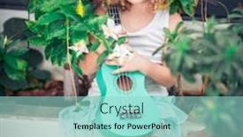  Presentation with ukulele - PPT theme consisting of portrait-of-a-cute-girl background and a mint green colored foreground