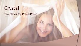  Presentation with gentle - Beautiful slides featuring portrait of a cute happy girl having fun in the bed covered by sheet and looking through white gentle tulle leisure time at home backdrop and a lemonade colored foreground