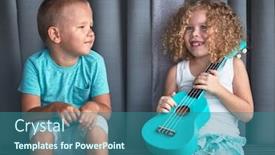  Presentation with ukulele - Theme having portrait-of-a-cute-kids background and a ocean colored foreground