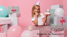 Presentation with cute birthday - Amazing slide deck having portrait of a cute pretty little girl in a birthday hat celebrating while sitting in a pile of present boxes and holding cupcake isolated over pink background backdrop and a coral colored foreground