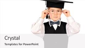  Presentation with academic - Colorful presentation enhanced with portrait of a cute smart boy wearing suit and academic hat educational concept isolated over white backdrop and a white colored foreground