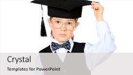 Presentation with academic - Audience pleasing PPT theme consisting of portrait of a cute smart boy wearing suit and academic hat educational concept isolated over white backdrop and a light gray colored foreground