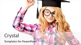  Presentation with academic - Presentation theme consisting of close up of a smiling casual woman using smartphone outdoors on a city street background and a tawny brown colored foreground