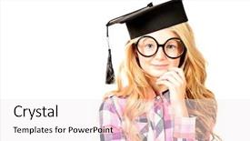  Presentation with academic - Amazing PPT theme having portrait of a cute ten years girl in big round spectacles and academic hat isolated over white backdrop and a sky blue colored foreground