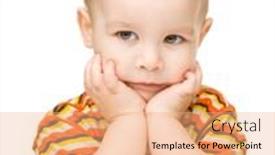  Presentation with supporting - Cool new presentation design with portrait of a cute little boy looking at something while supporting his head with both hands isolated over white backdrop and a coral colored foreground