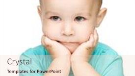  Presentation with supporting - Presentation theme with portrait of a cute little boy looking at something while supporting his head with both hands isolated over white background and a lemonade colored foreground