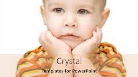  Presentation with supporting - Colorful PPT theme enhanced with portrait of a cute little boy looking at something while supporting his head with both hands isolated over white backdrop and a coral colored foreground