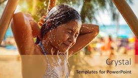 Presentation with cold water - Colorful slides enhanced with portrait of a cute little girl taking shower on the beach pretty child with pleasure refreshing in cold water enjoying summer vacation on the beach resort backdrop and a yellow colored foreground