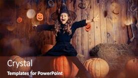  Presentation with magic wand - Presentation design consisting of portrait of a cute little child girl in a witch costume with magic wand happy halloween background and a tawny brown colored foreground