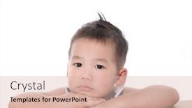  Presentation with supporting - Cool new presentation theme with portrait of a cute little boy sitting at table supporting his head with hand isolated over white backdrop and a lemonade colored foreground