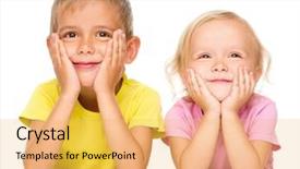  Presentation with supporting - Audience pleasing theme consisting of portrait of a cute little girl and boy supporting their heads with hands isolated over white backdrop and a yellow colored foreground
