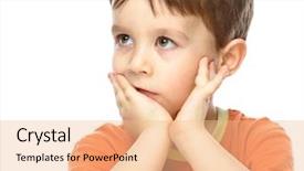  Presentation with supporting - Beautiful PPT theme featuring portrait of a cute little boy sitting at table supporting his head with hand isolated over white backdrop and a lemonade colored foreground